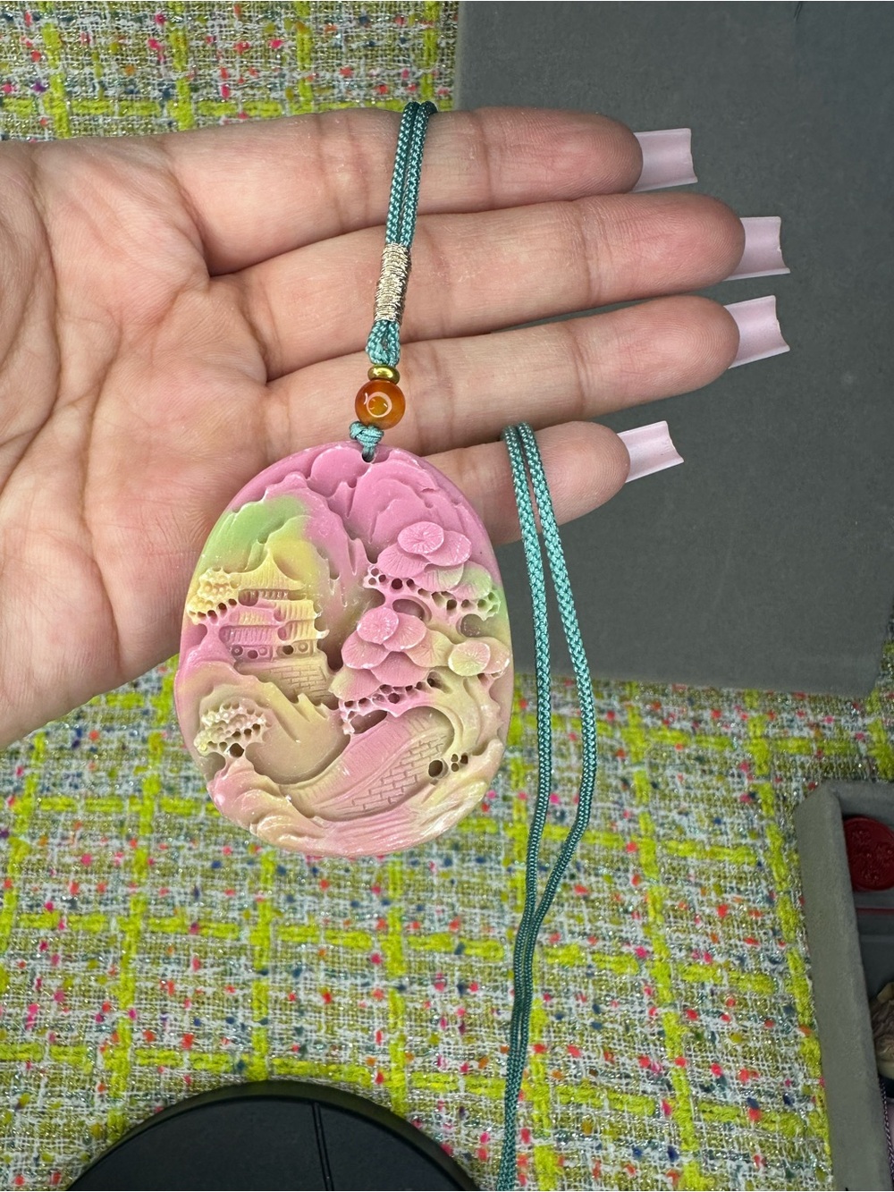 YanYuan Agate Hand-Carved Landscape Carving Pendant Necklace